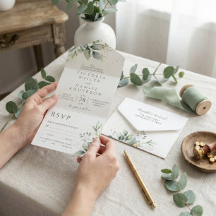 Eukalyptus Greenery Gold Blätter Botanische Hochze All In One Einladung