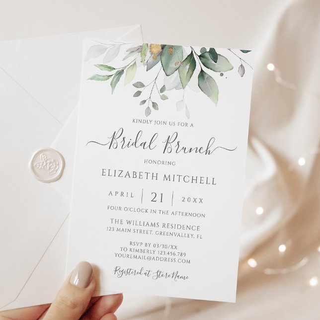Eukalyptus Greenery Gold Blätter Bridal Brunch Einladung (Von Creator hochgeladen)