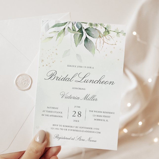 Eukalyptus Greenery Gold Blätter Bridal Luncheon Einladung (Von Creator hochgeladen)
