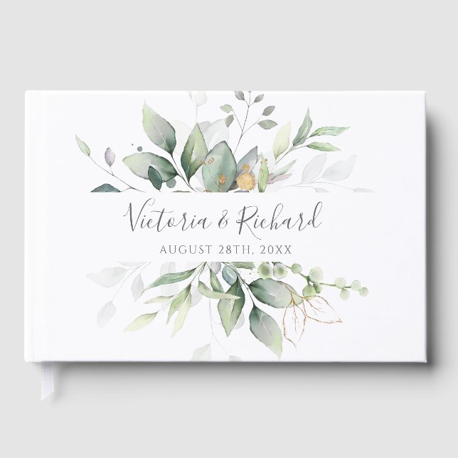 Eukalyptus Greenery Gold Blätter Elegante Hochzeit Gästebuch (Vorderseite)