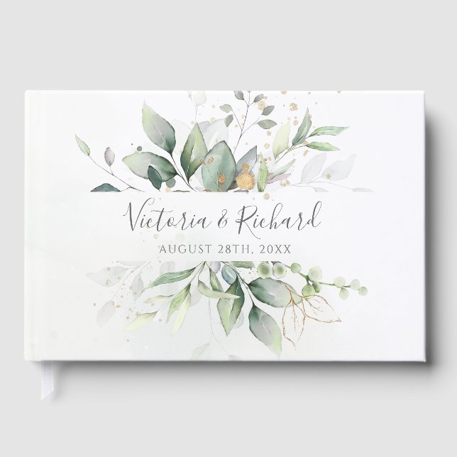 Eukalyptus Greenery Gold Blätter Elegante Hochzeit Gästebuch (Vorderseite)