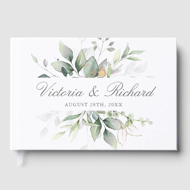 Eukalyptus Greenery Gold Blätter Elegante Hochzeit Gästebuch (Vorderseite)