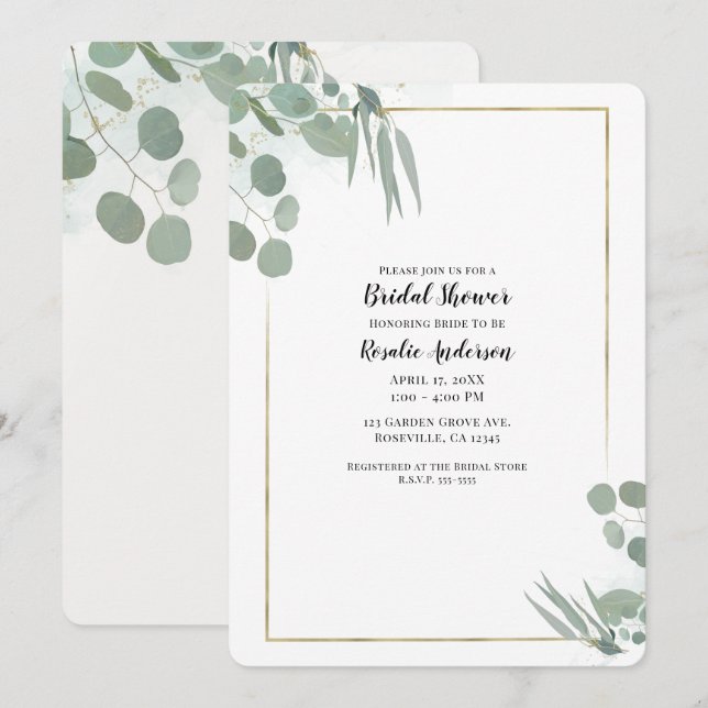 Eukalyptus Greenery & Gold Brautparty Einladung (Vorne/Hinten)