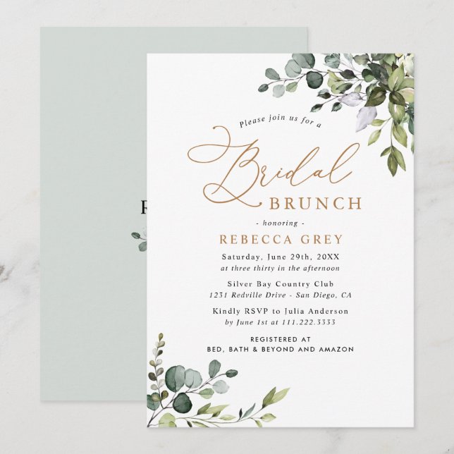 Eukalyptus Greenery Gold Bridal Brunch Einladung (Vorne/Hinten)
