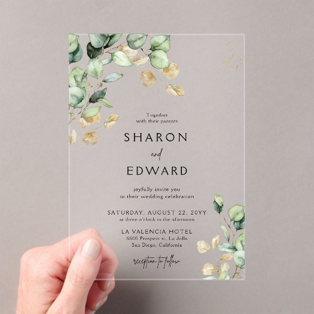Eukalyptus Greenery & Gold Chic Wedding Acryleinladungen (Insitu (Handheld))