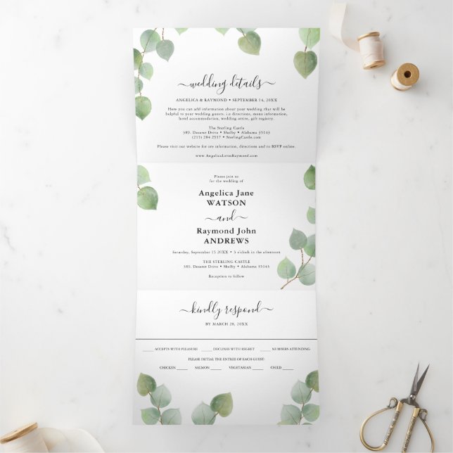 Eukalyptus Greenery & Gold Classic Wedding Dreifach Gefaltete Einladung (Innenseite)