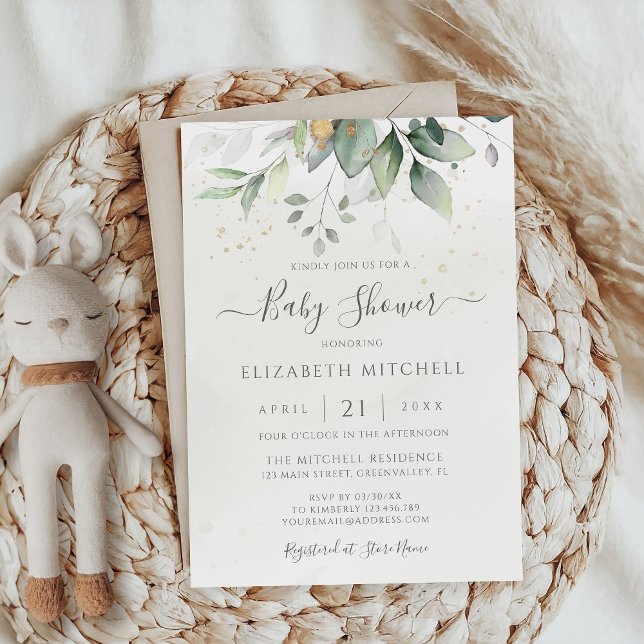 Eukalyptus Greenery Gold Elegant Baby Shower Einladung (Von Creator hochgeladen)