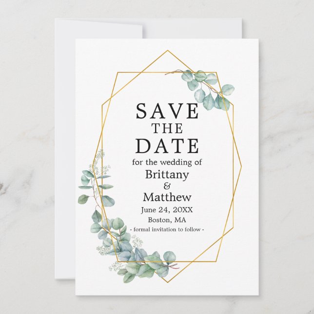 Eukalyptus Greenery Gold Geo Frame Save The Date (Vorderseite)