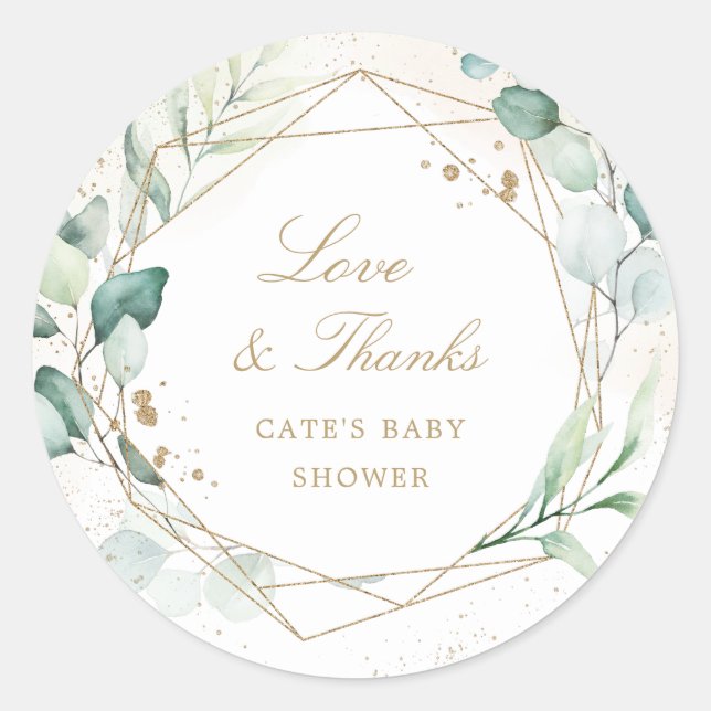 Eukalyptus Greenery Gold Geometric Baby Shower Runder Aufkleber (Vorderseite)
