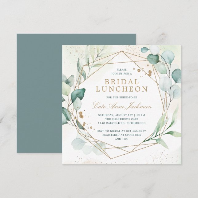 Eukalyptus Greenery Gold Geometric Bridal Luncheon Einladung (Vorne/Hinten)