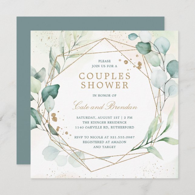 Eukalyptus Greenery Gold Geometric Couples Dusche Einladung (Vorne/Hinten)