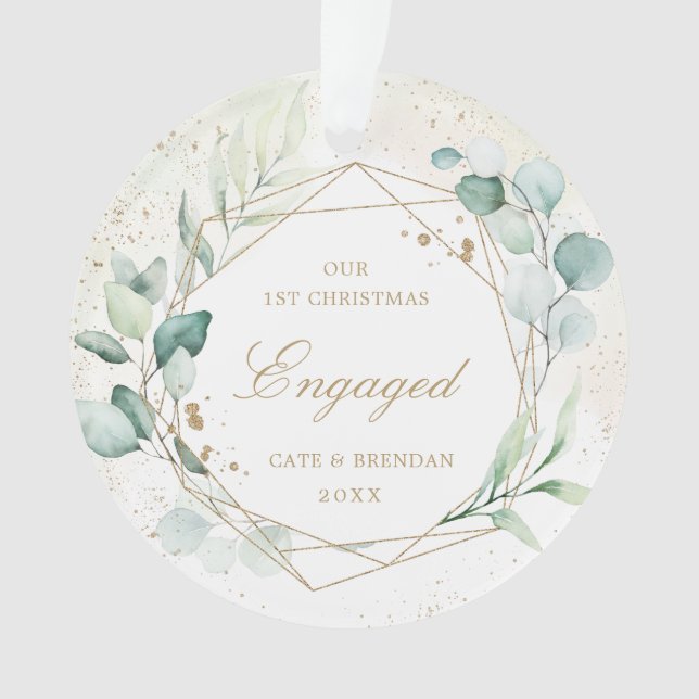 Eukalyptus Greenery Gold Geometric Verlobtes Foto Ornament (Vorderseite)