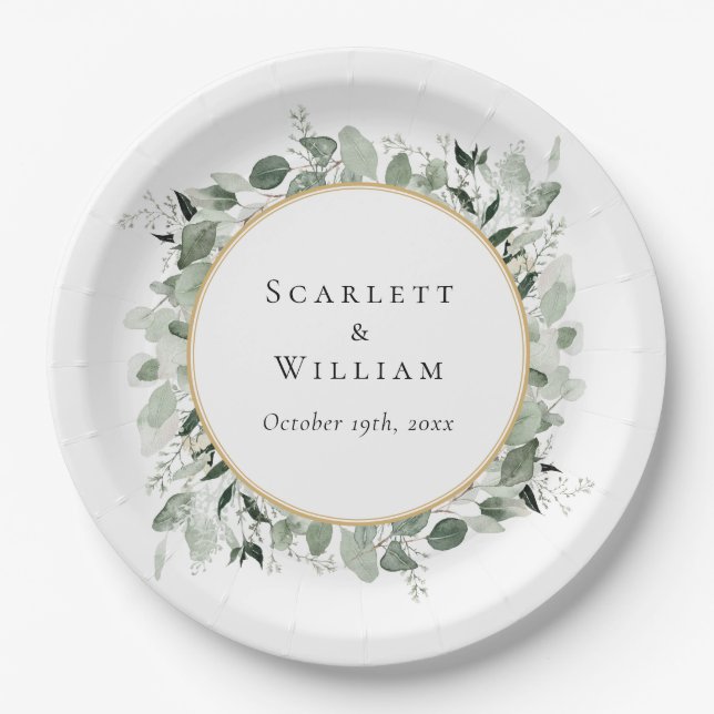 Eukalyptus Greenery Gold Sage Green Wedding Pappteller (Vorderseite)