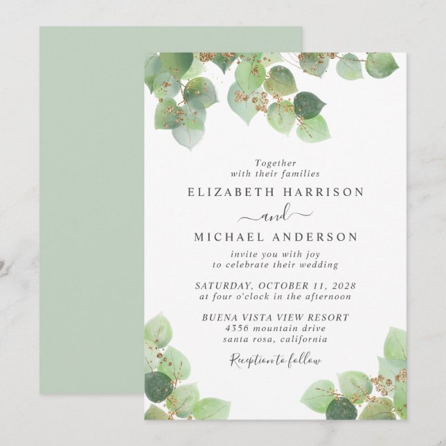 Eukalyptus Greenery Gold Watercolor Wedding Einladung (Vorne/Hinten)