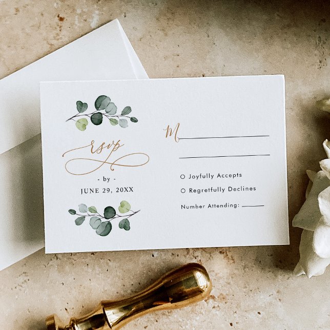 Eukalyptus Greenery Gold Wedding RSVP Karte (Von Creator hochgeladen)