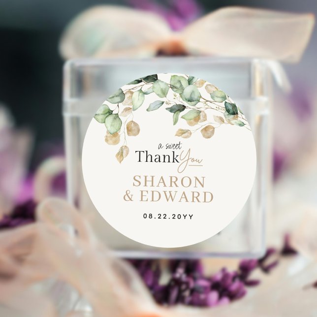 Eukalyptus Greenery & Gold Wedding Runder Aufkleber (Von Creator hochgeladen)