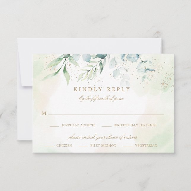 Eukalyptus Greenery Goldene Mahlzeit Hochzeit RSVP Karte (Vorderseite)