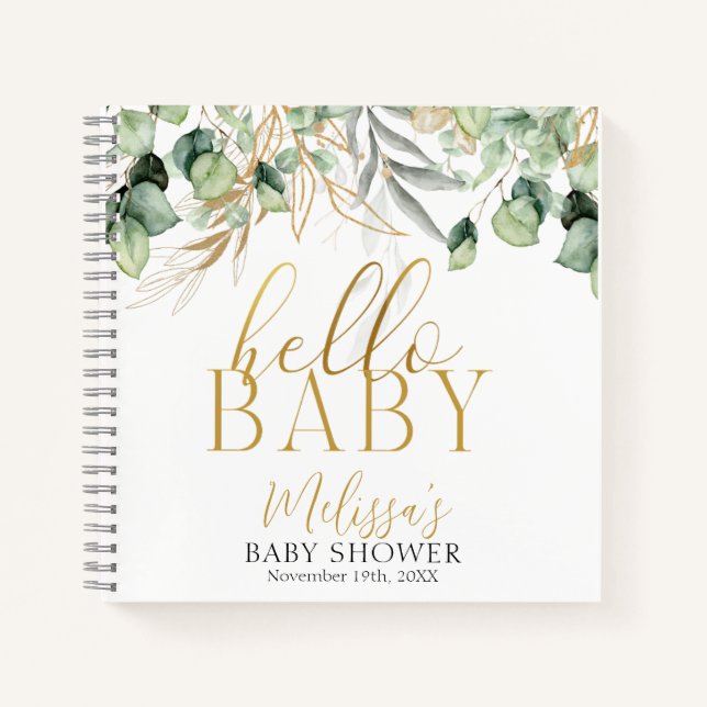 Eukalyptus Greenery Green Leaf & Gold Baby Dusche Notizbuch (Vorderseite)