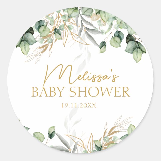 Eukalyptus Greenery Green Leaf & Gold Baby Dusche Runder Aufkleber (Vorderseite)