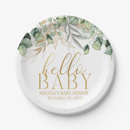 Eukalyptus Greenery Green Leaf & Gold Hello Baby Pappteller