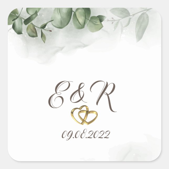 Eukalyptus Greenery Hearts Wedding Quadratischer Aufkleber (Vorderseite)