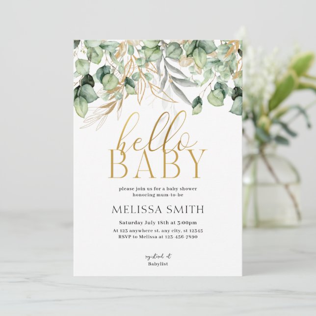 Eukalyptus Greenery Hello Baby Shower Einladung (Stehend Vorderseite)