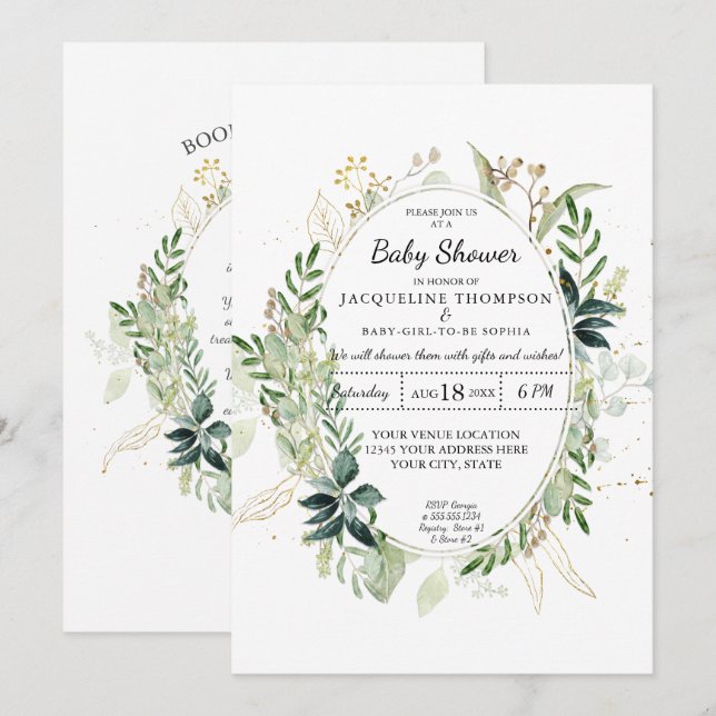 Eukalyptus Greenery in Gold Baby Dusche Einladung (Vorne/Hinten)