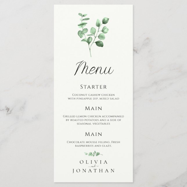 Eukalyptus Greenery Minimalistisch Wedding Menu Menükarte (Vorderseite)