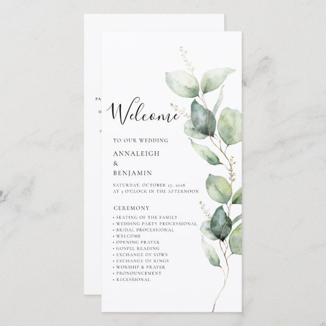 Eukalyptus Greenery Minimalistisch Wedding Program (Vorne/Hinten)