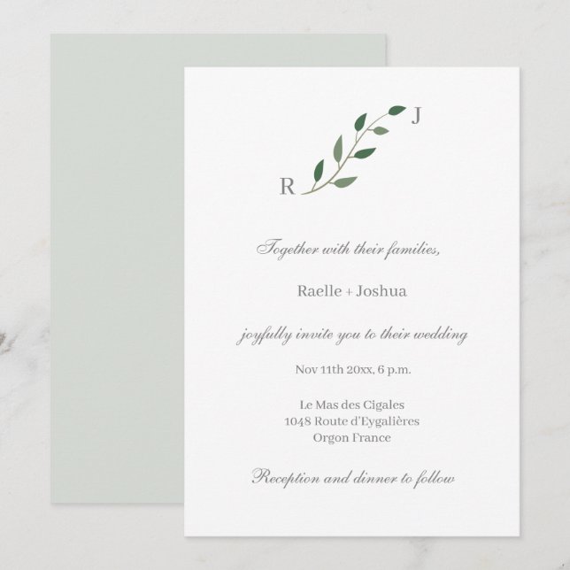 Eukalyptus Greenery Minimalistisch White Gray Wedd Einladung (Vorne/Hinten)