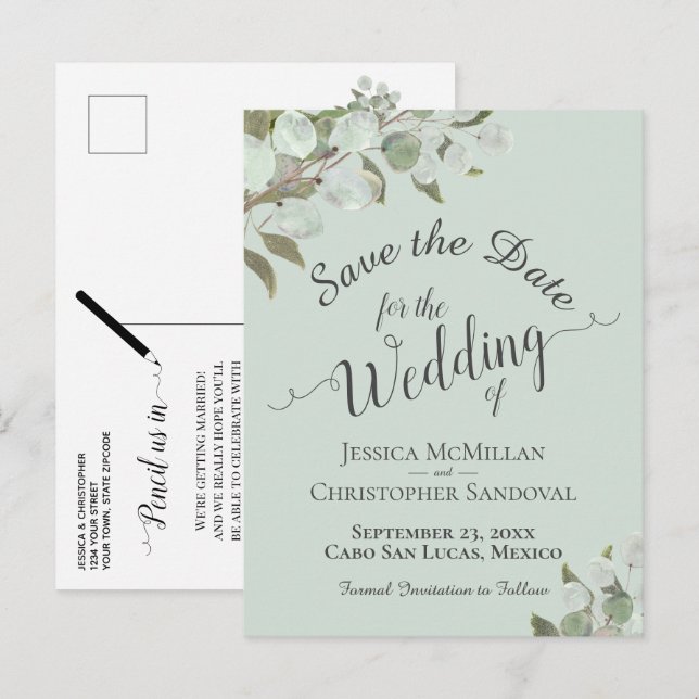Eukalyptus & Greenery Mint Wedding Save the Date Ankündigungspostkarte (Vorne/Hinten)