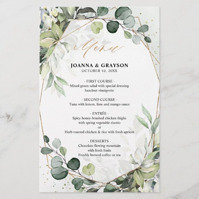 Eukalyptus Greenery Modern Geometric Wedding Menu (Vorderseite)
