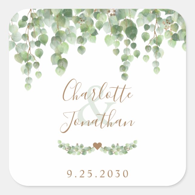 Eukalyptus Greenery Moderne einfache Hochzeit Quadratischer Aufkleber (Vorderseite)