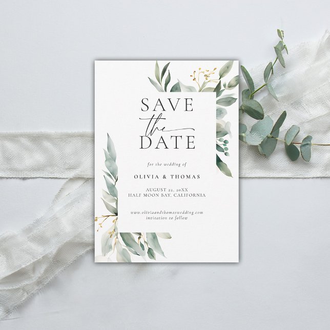 Eukalyptus Greenery Moderne Elegante Hochzeit Save The Date (modern simple wedding save the date typography calligraphy eucalyptus greenery clean frame)