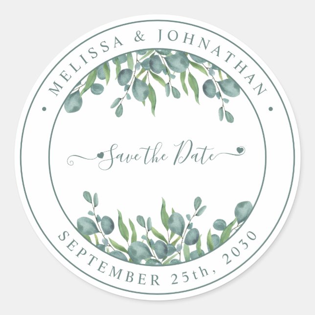 Eukalyptus Greenery Moderne Hochzeit retten das Da Runder Aufkleber (Vorderseite)