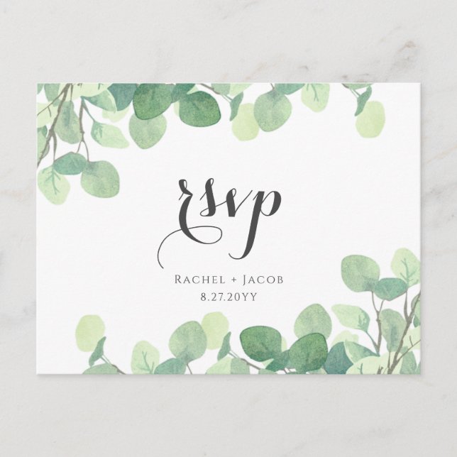 Eukalyptus Greenery Modernes Skript Hochzeit RSVP Postkarte (Vorderseite)