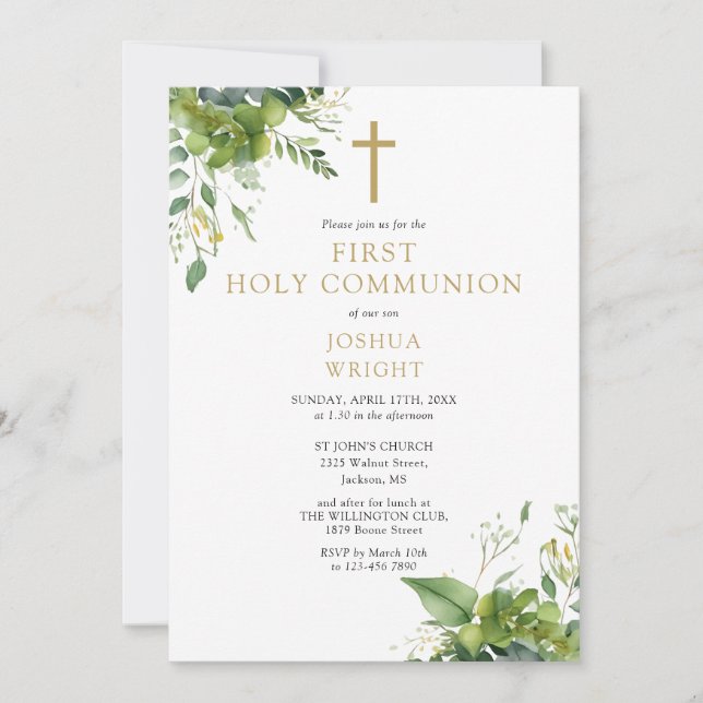 Eukalyptus Greenery Monogram First Holy Communion Einladung (Vorderseite)