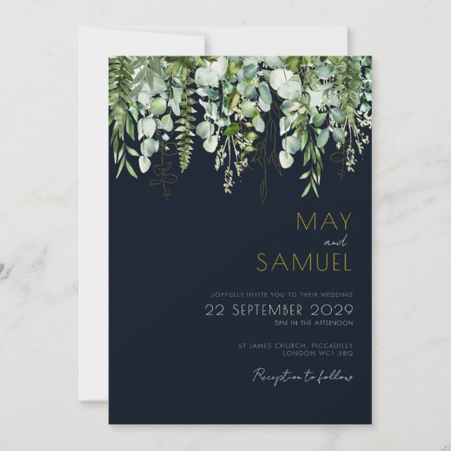 Eukalyptus Greenery & Navy Wedding Einladung (Vorderseite)