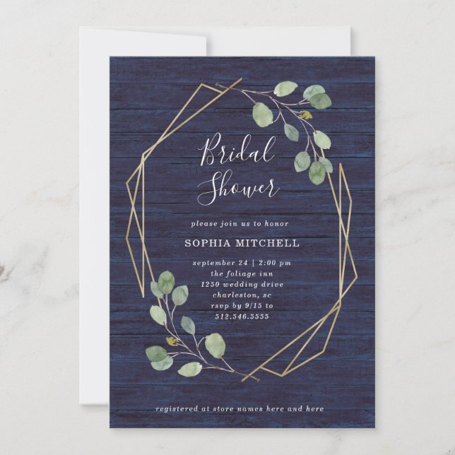 Eukalyptus Greenery | Navy Wood Geo Brautparty Einladung (Vorderseite)