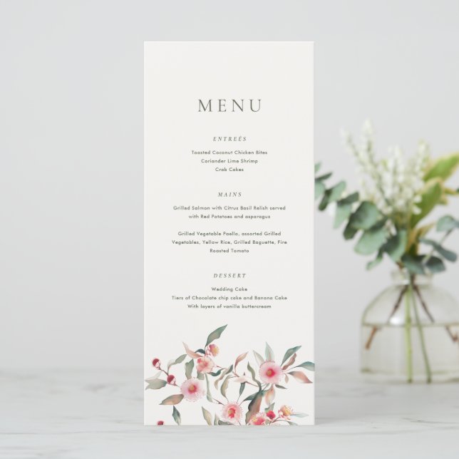 Eukalyptus Greenery & Pink Florals Wedding Menükarte (Stehend Vorderseite)