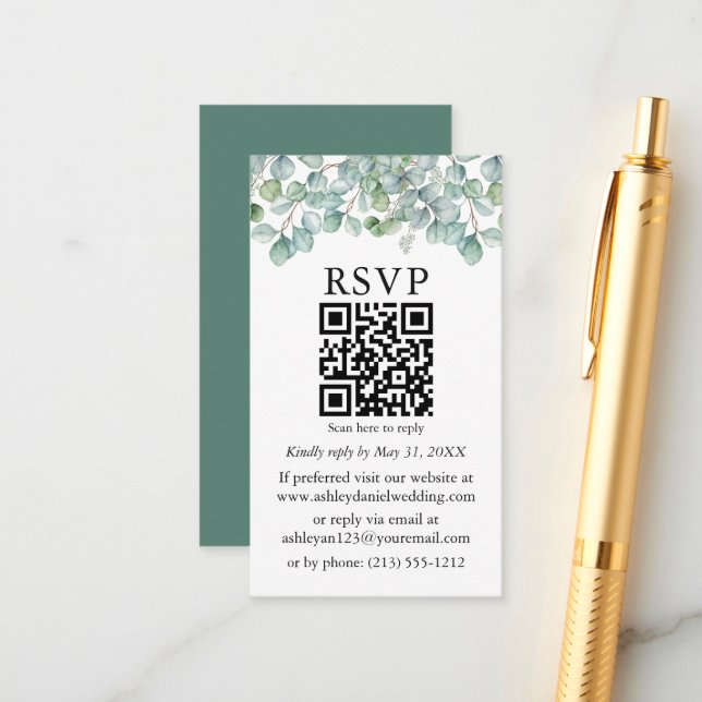 Eukalyptus Greenery QR Wedding RSVP Begleitkarte (Vorderseite/Rückseite Beispiel)
