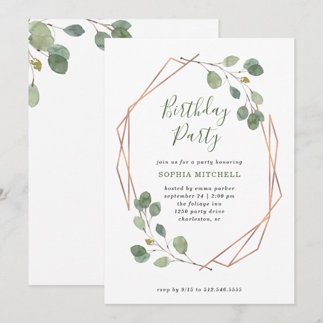 Eukalyptus Greenery | Rose Gold Geo Birthday Party Einladung (Vorne/Hinten)