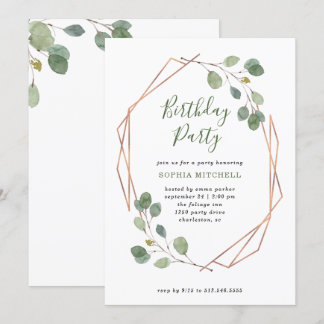 Eukalyptus Greenery | Rose Gold Geo Birthday Party Einladung