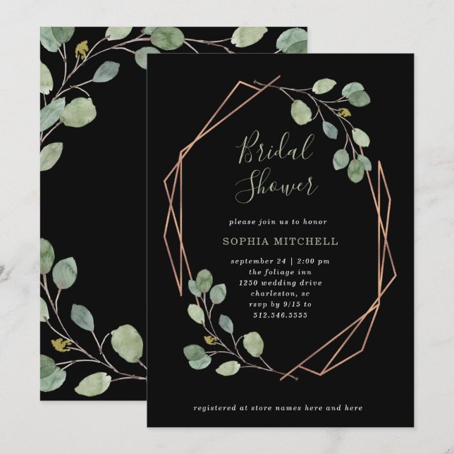 Eukalyptus Greenery | Rose Gold Geo Brautparty Einladung (Vorne/Hinten)