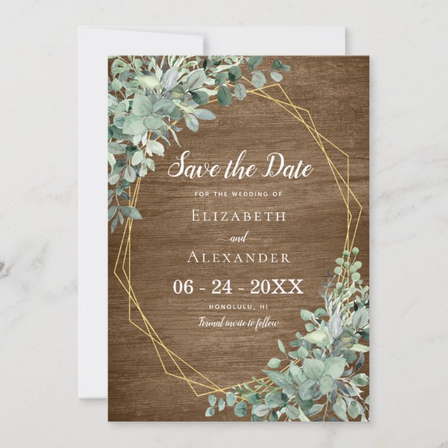 Eukalyptus Greenery Rustic Wood Geometric Wedding Save The Date (Vorderseite)