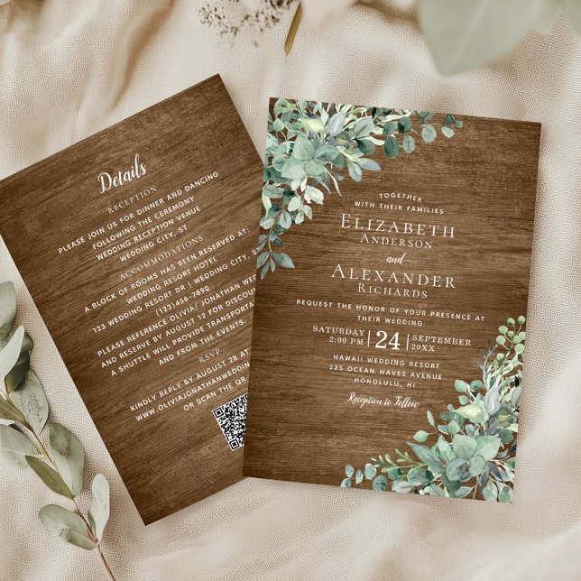 Eukalyptus Greenery Rustic Wood QR Code Wedding Einladung (Von Creator hochgeladen)