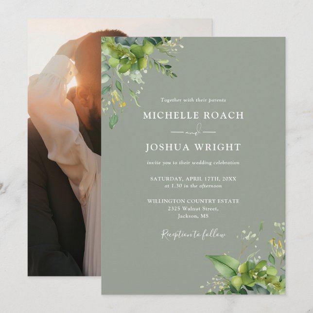 Eukalyptus Greenery Sage Green Foto Wedding Einladung (Vorne/Hinten)