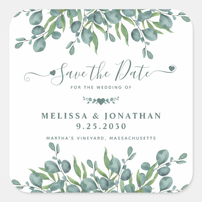 Eukalyptus Greenery Sage Wedding rettet das Datum Quadratischer Aufkleber (Vorderseite)