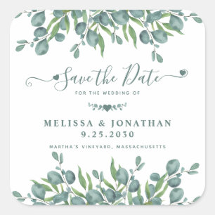 Eukalyptus Greenery Sage Wedding rettet das Datum Quadratischer Aufkleber