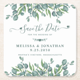 Eukalyptus Greenery Sage Wedding rettet das Datum Rechteckiger Pappuntersetzer